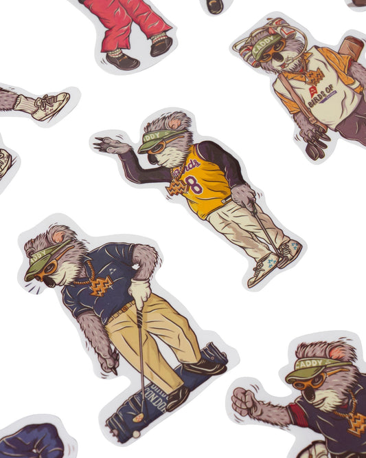 A collection of white stickers depicting various koala characters in golf attire.