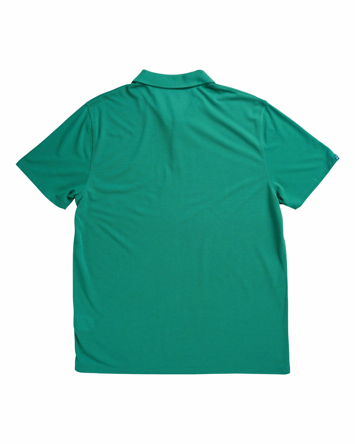 Back of a green polo shirt with short sleeves, a ribbed collar, and plain fabric on the reverse.