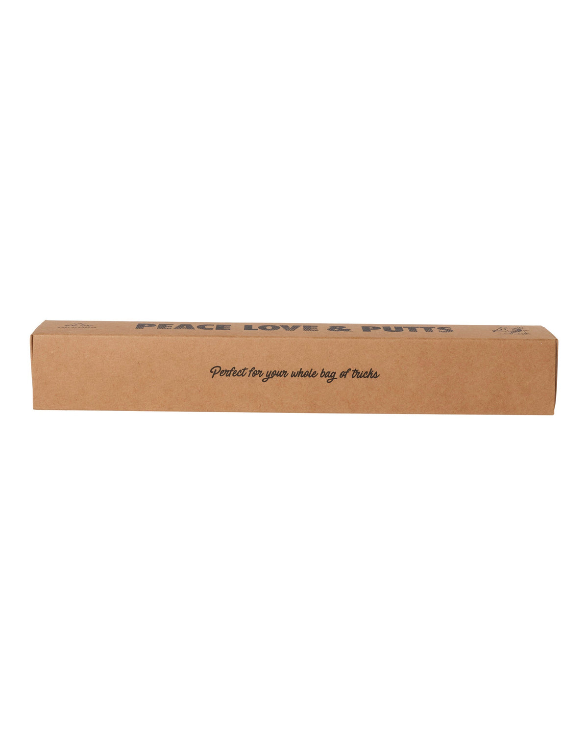 Brown cardboard putter grip packaging printed with PEACE LOVE & PUTTS text and script text.