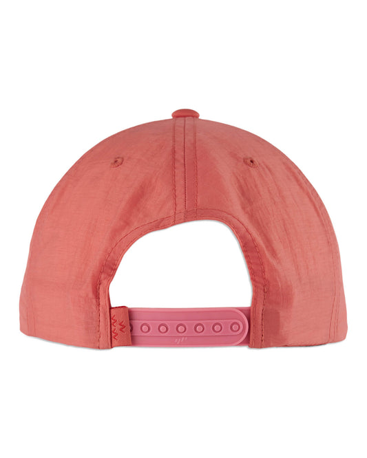 Back of a coral nylon snapback cap featuring an adjustable pink plastic strap closure.