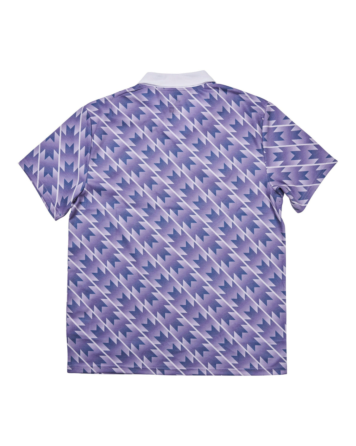 Back of a purple haze polo shirt with a white collar and an all-over geometric chevron pattern.