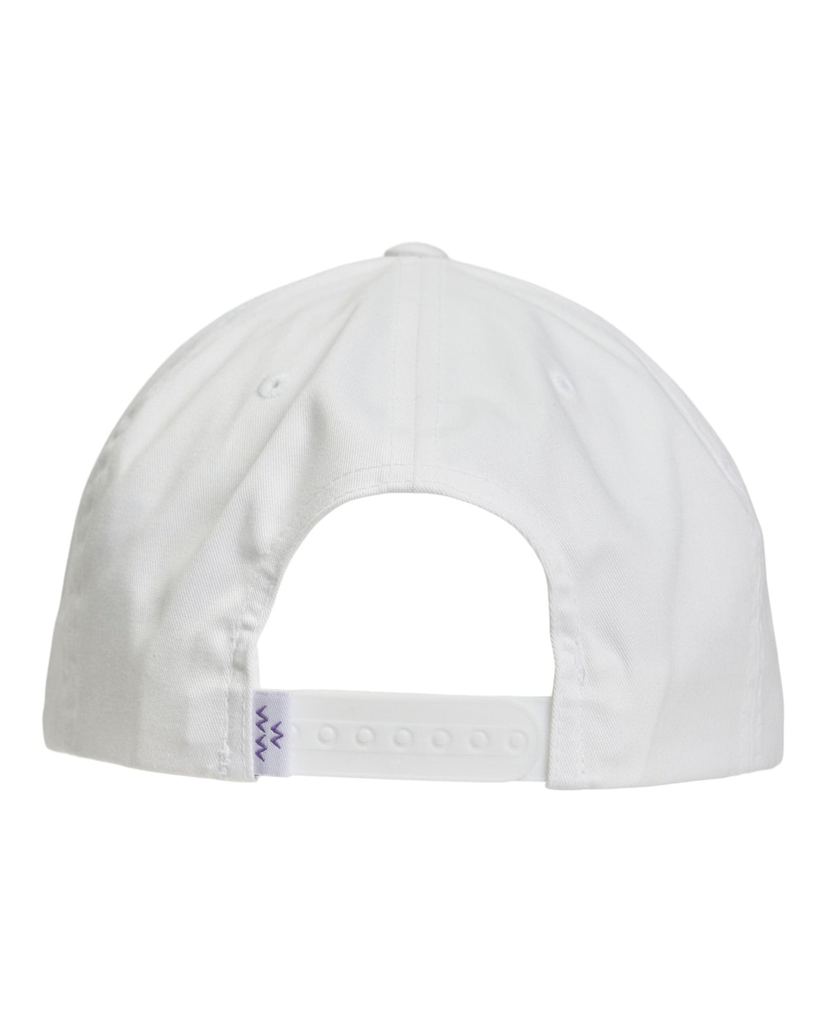 Back of a white snapback hat with an adjustable strap and a small label featuring a purple zig-zag pattern.
