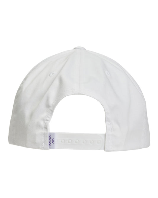 Back of a white snapback hat with an adjustable strap and a small label featuring a purple zig-zag pattern.