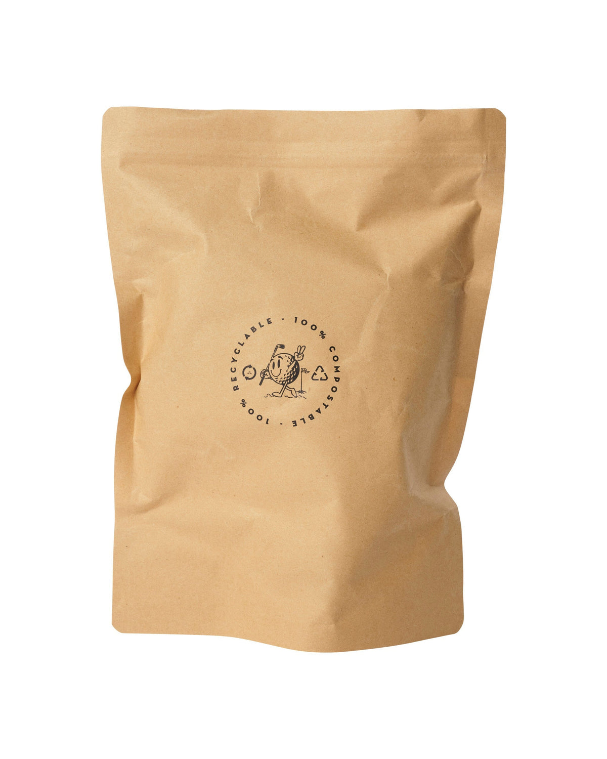 Brown recyclable packaging bag with a circular graphic of a smiling golf ball holding a flag.