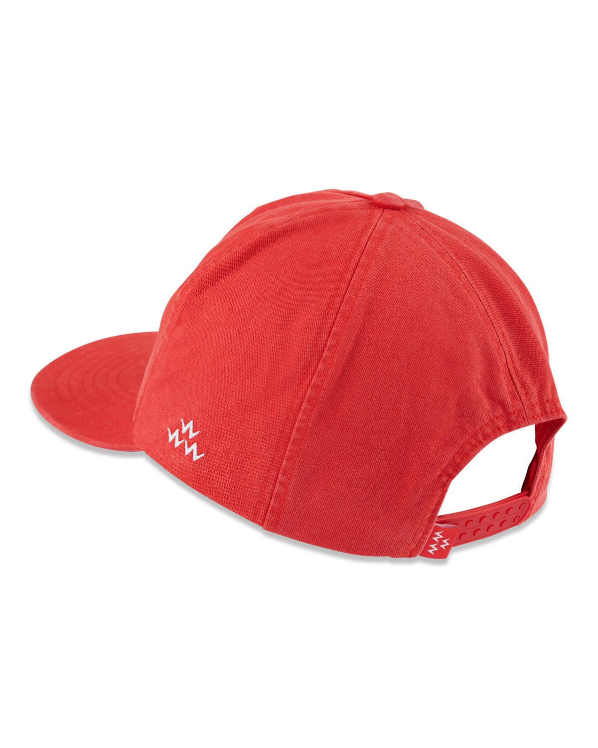 Back of a red five-panel snapback cap featuring a soft peak brim and a white embroidered logo design.