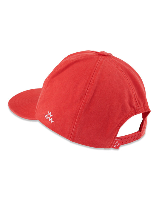 Back of a red five-panel snapback cap featuring a soft peak brim and a white embroidered logo design.