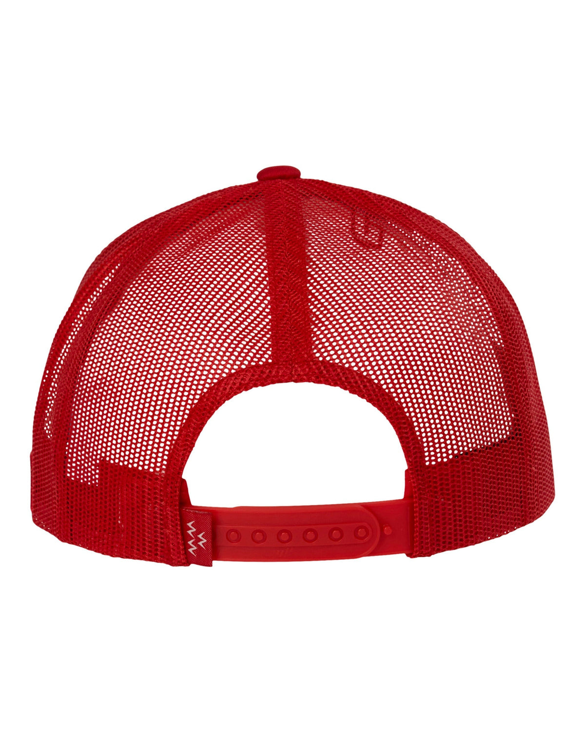 Back of a red trucker hat with a mesh back and adjustable plastic snapback closure.