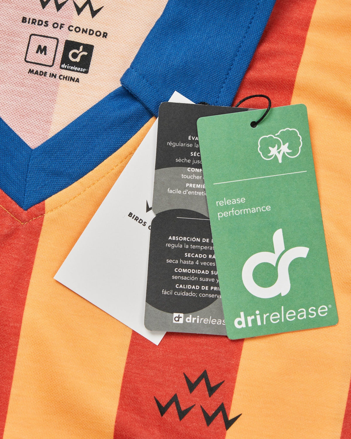 Detail of red and yellow striped polo shirt with blue V-neck collar, hang tags, and three black W logos.