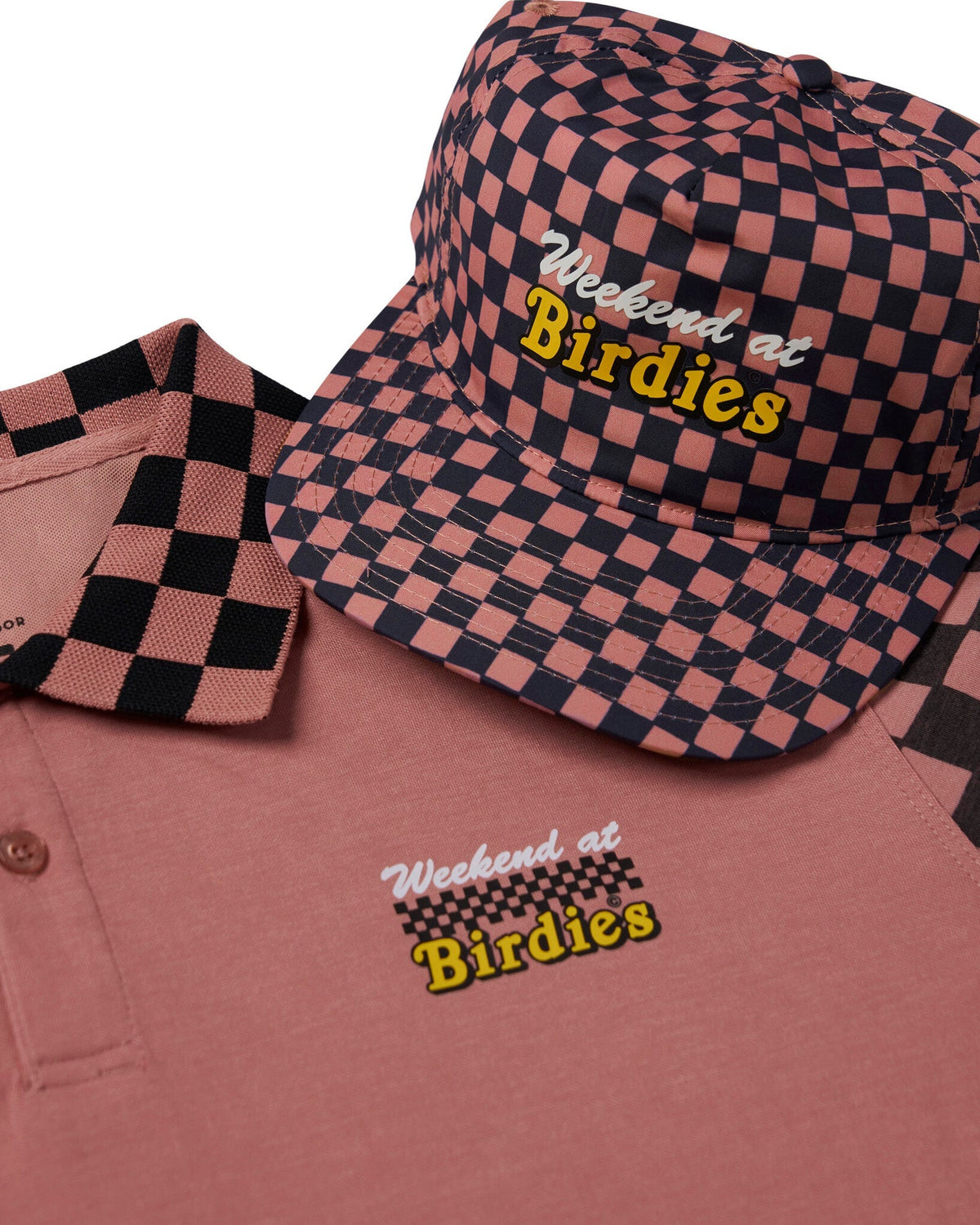 Old rose polo and cap with a pink and black checkered print and Weekend at Birdies text.