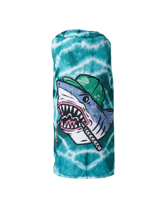Green tiedye headcover featuring a shark graphic wearing a green cap and holding a golf tee in its mouth.