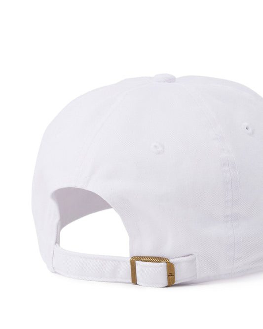 Back of a plain white cap featuring an adjustable strapback closure with a brass metal slider buckle.