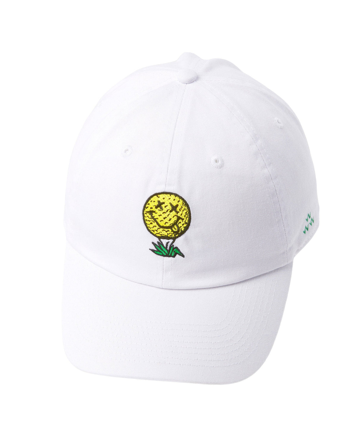 A white six-panel cotton cap featuring an embroidered smiley golf ball on a tee graphic.