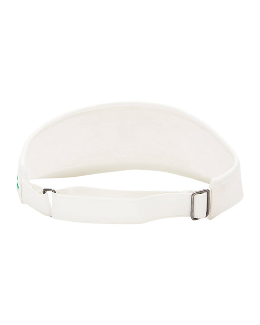 Back of a white visor featuring an adjustable strap with a metal buckle and hardware.