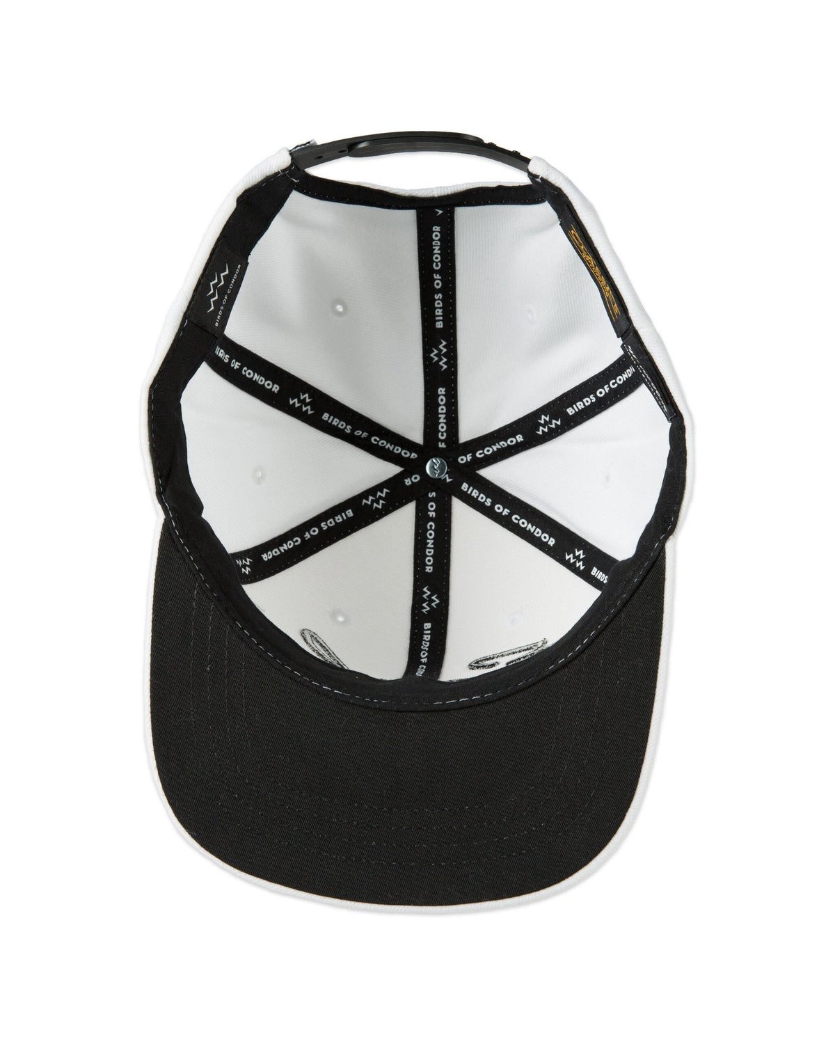 Inside of a white cap showing black taped seams printed with white brand text and a black snapback strap.