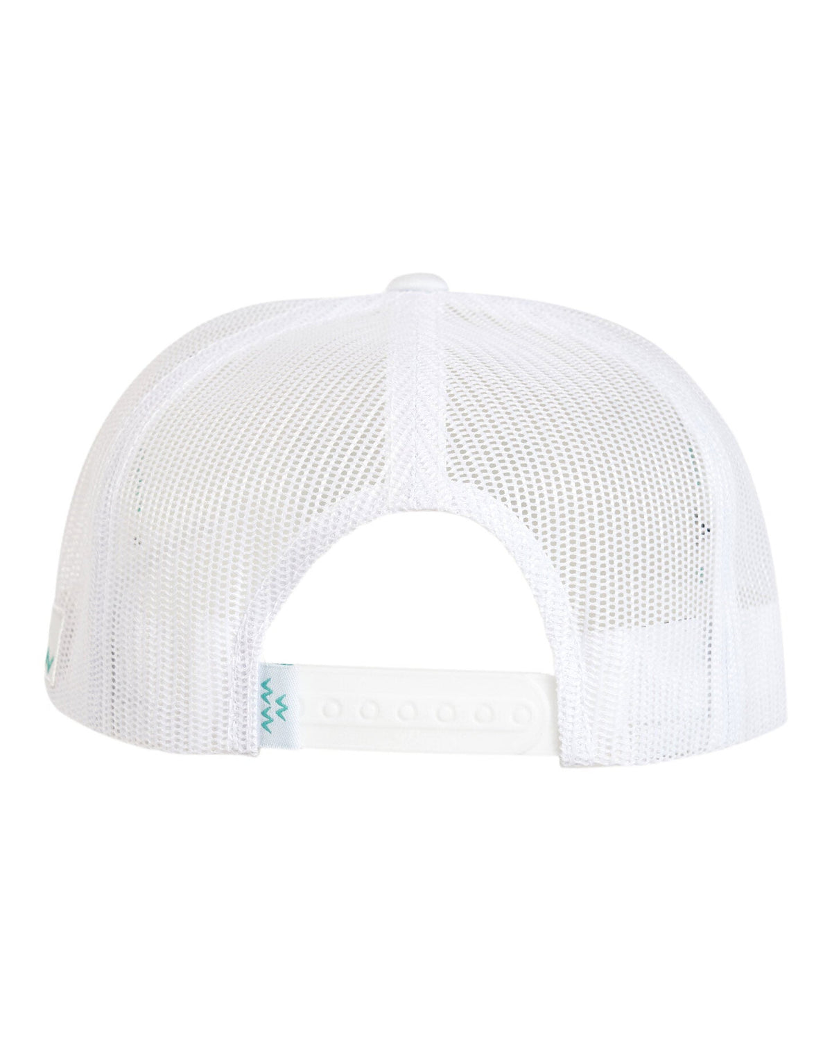 Back of a white trucker hat with a plastic snapback closure, mesh back panels, and a small teal wave graphic.