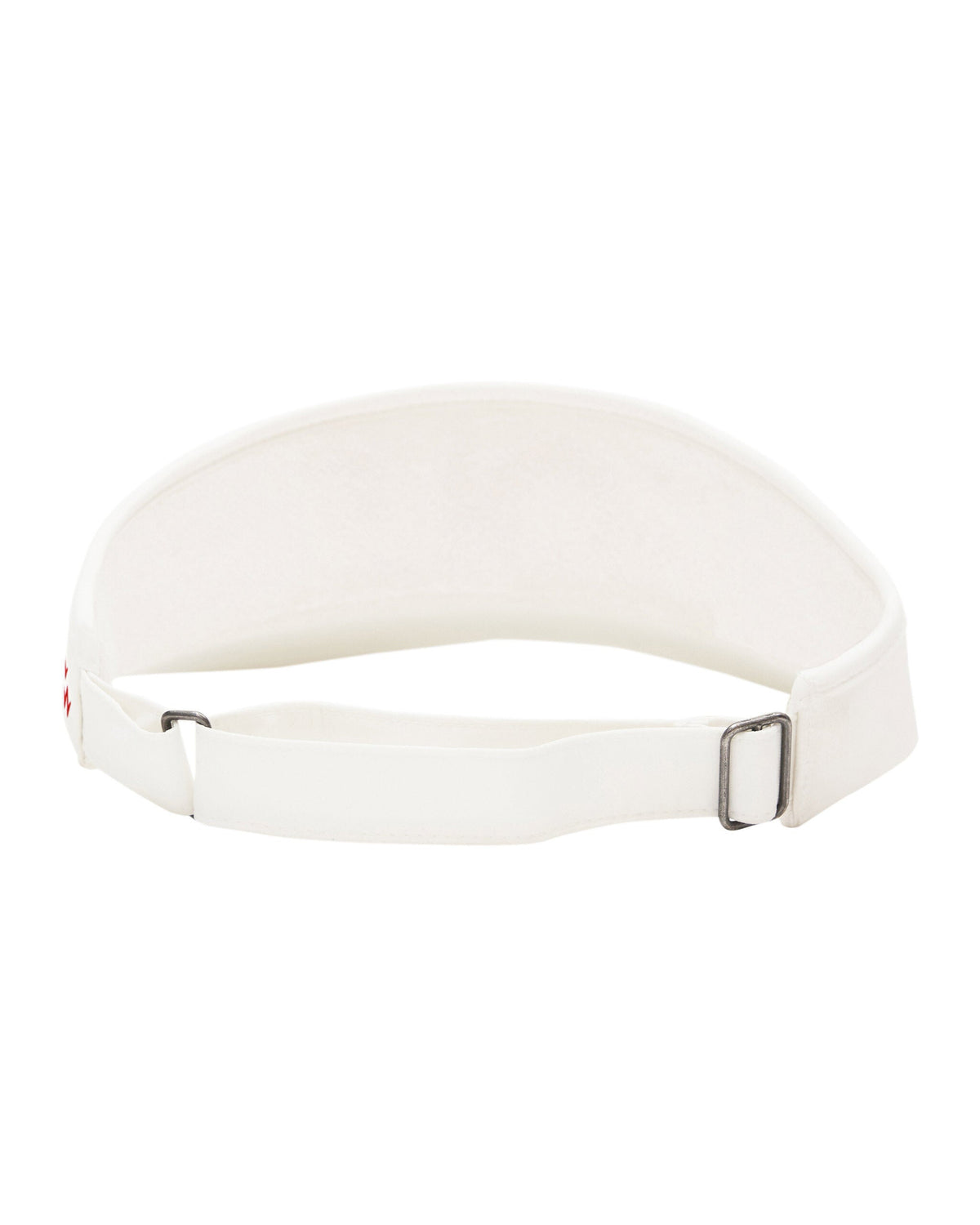 Back of a white golf visor featuring an adjustable strap with a metal buckle.