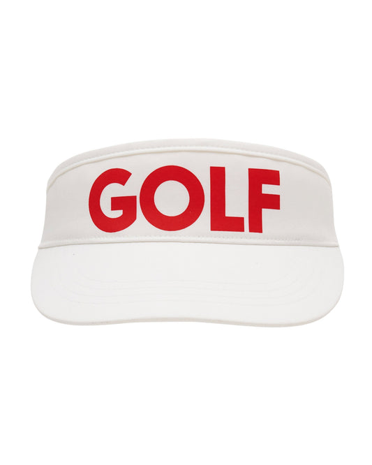 White golf visor featuring large red block lettering reading GOLF across the front band.