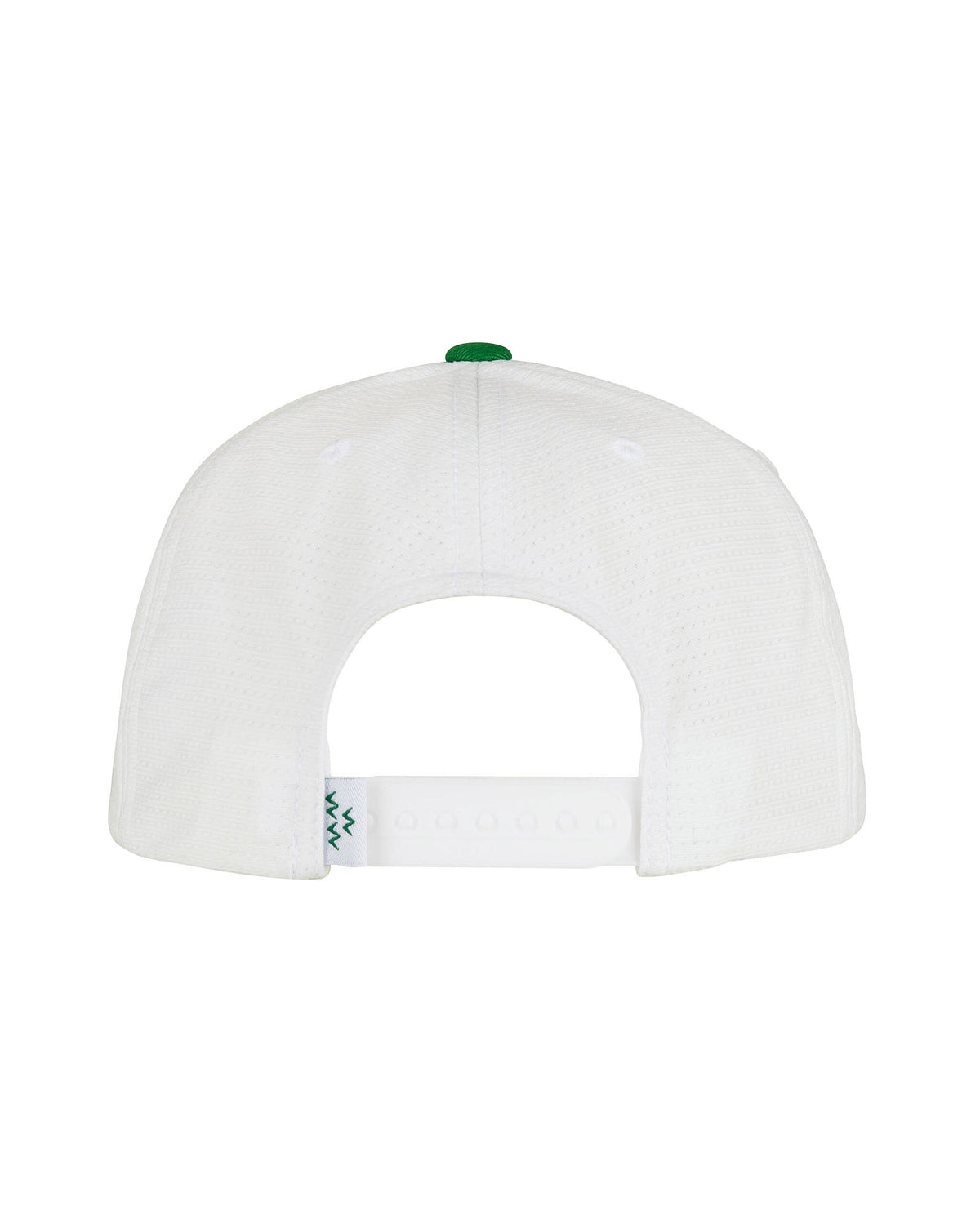 Back of a white snapback hat with a green top button and a small green zigzag tag on the closure strap.
