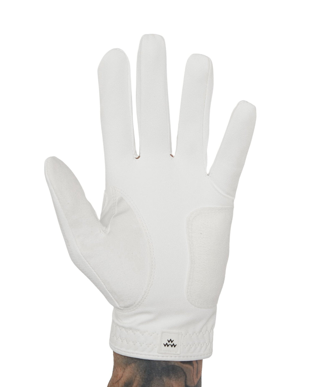 Front of a white golf glove with stretch mesh panels and a small black script logo on the wrist.