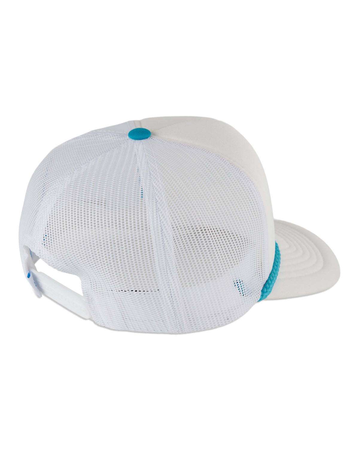 Back of a white trucker hat featuring mesh side panels, a snapback closure, and a blue top button.