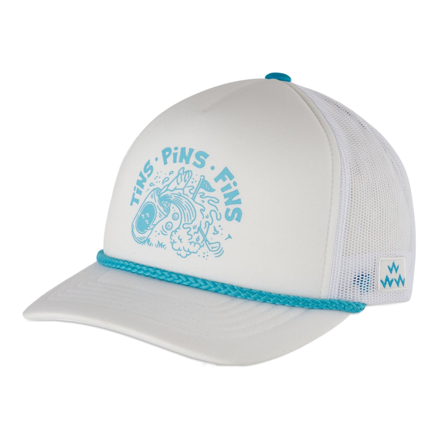 birds-of-condor-white-tins-pins-fins-mesh-back-trucker-golf-surf-snapback-hat-front.