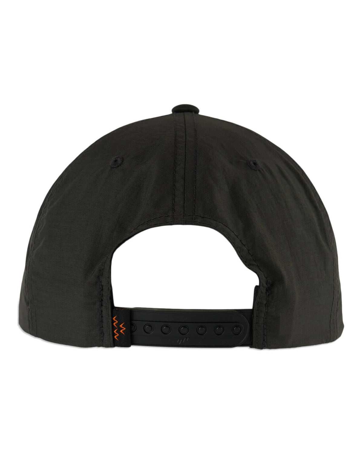 Back of a blacksmoke nylon snapback cap with an adjustable plastic strap and a small woven label.