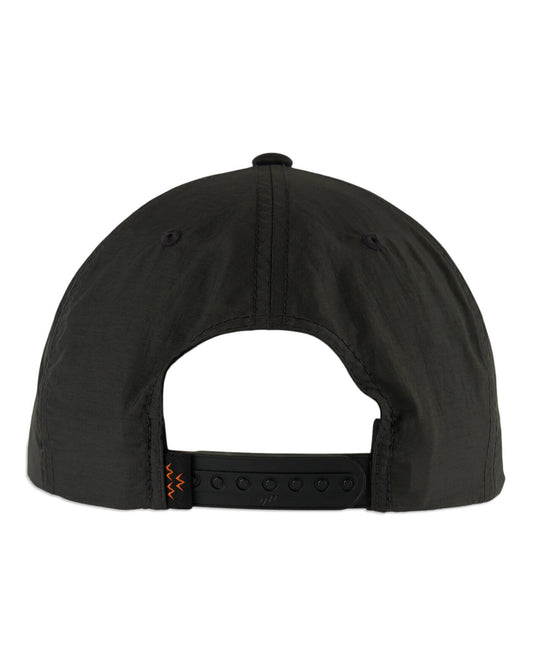 Back of a blacksmoke nylon snapback cap with an adjustable plastic strap and a small woven label.