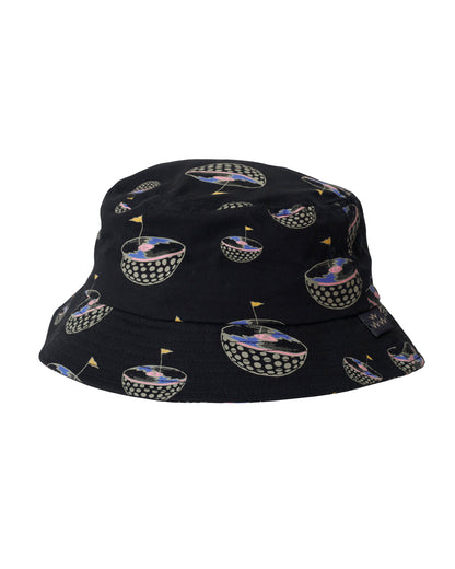Black bucket hat featuring an all-over graphic design of halved golf balls with tiny yellow flags.