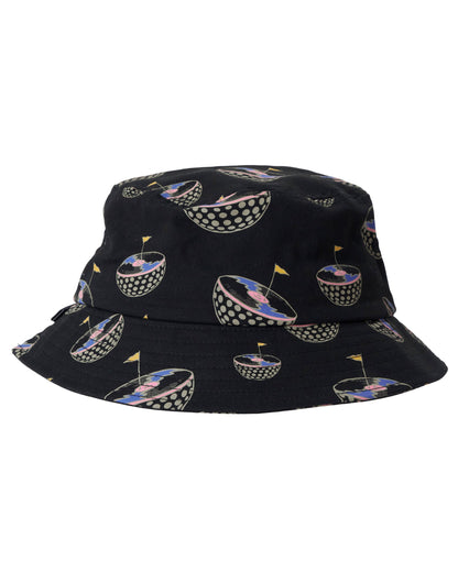 Black bucket hat with an all-over graphic of halved golf balls featuring small yellow flags.