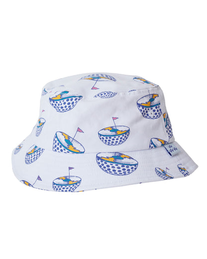 White bucket hat featuring an all-over repeating graphic motif of half golf balls with flags.