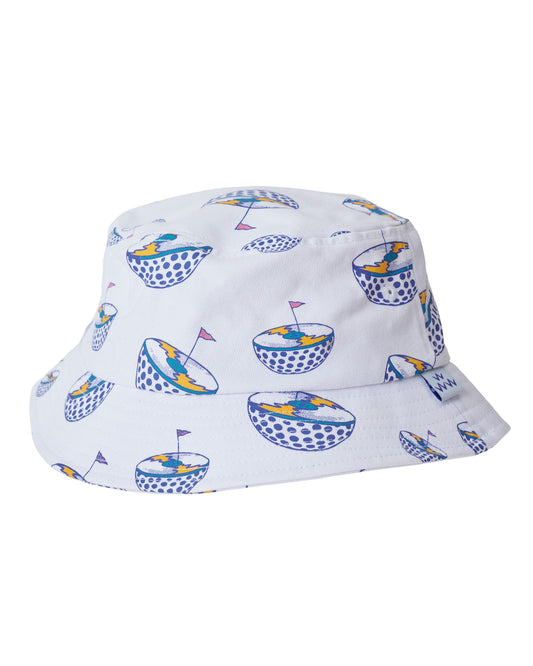 White bucket hat featuring an all-over repeating graphic motif of half golf balls with flags.
