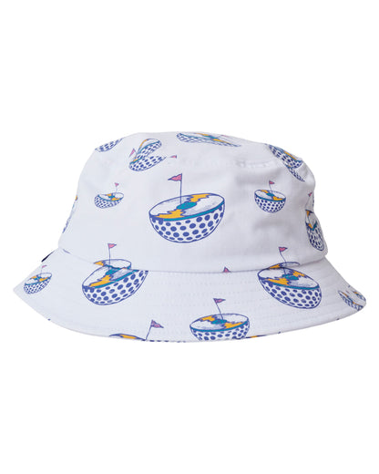 White bucket hat featuring an all-over graphic design of golf ball planets with pink flags.