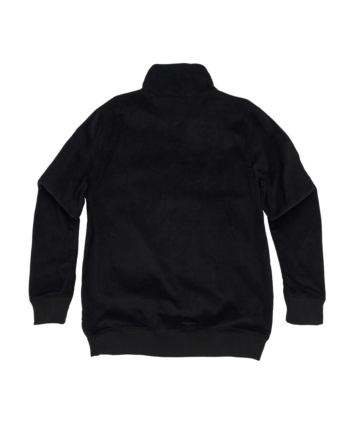 Back of a black corduroy jacket with a high collar and long sleeves with ribbed cuffs.