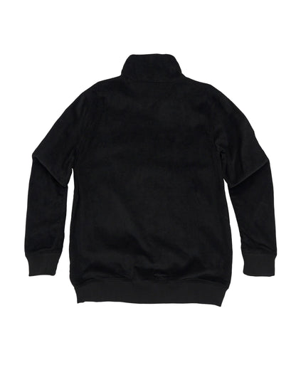 Back of a black corduroy jacket with a high collar and long sleeves with ribbed cuffs.