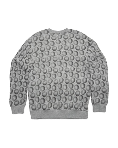 Back of a grey cotton sweater featuring an all-over print of textured golf balls and ribbed hem.