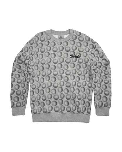 Gray cotton sweater with all-over golf ball motif and a black Birds script logo on the chest.