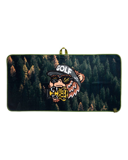 Black golf towel featuring a forest print and a bear graphic wearing sunglasses and a cap with golf text.