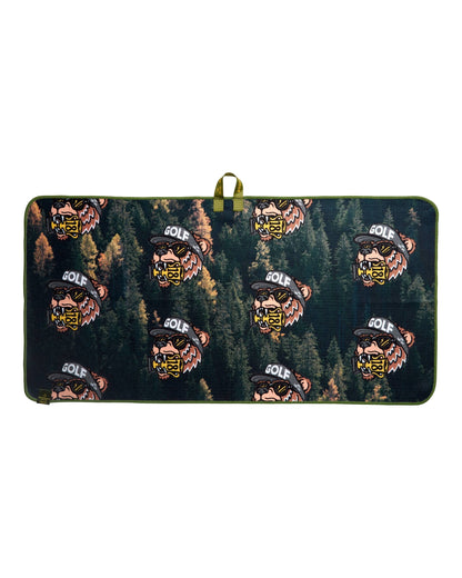 Black towel with a forest print and a repeating bear wearing a golf hat and sunglasses motif.
