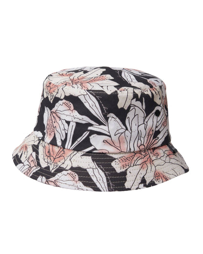 An azalea bucket hat featuring an all-over floral print with large light pink flowers and black leaves.