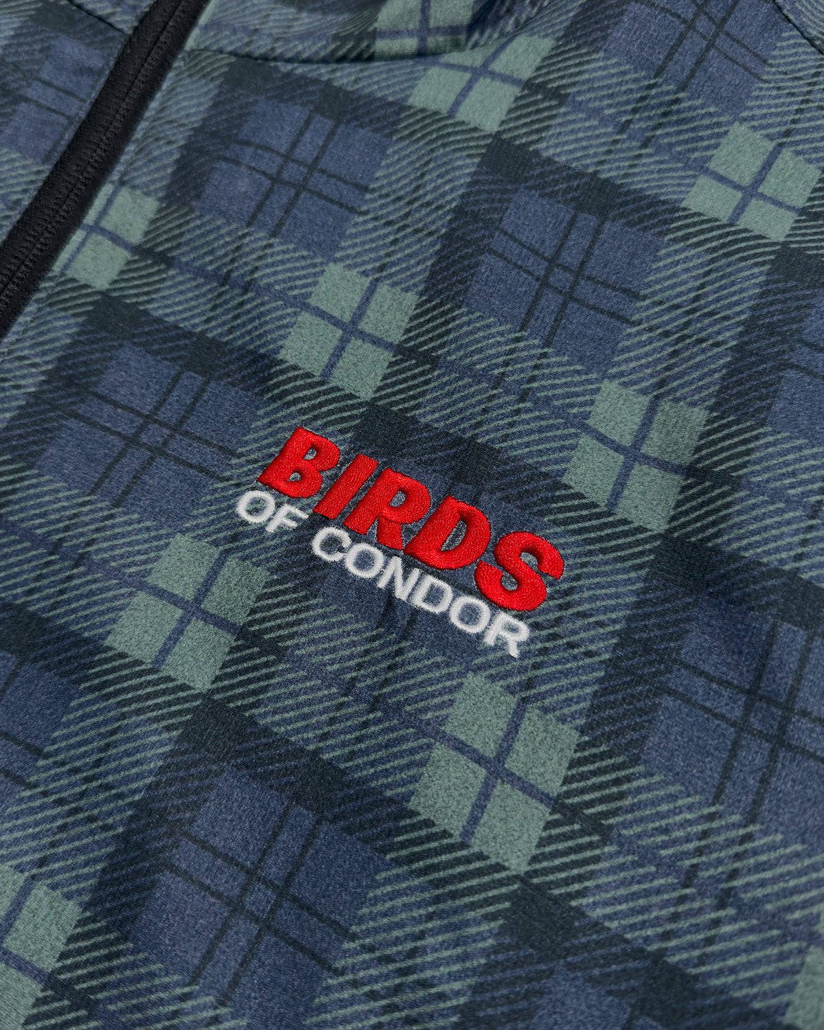 Detail of a blue and green plaid jacket with embroidered red and white Birds of Condor text on the chest.