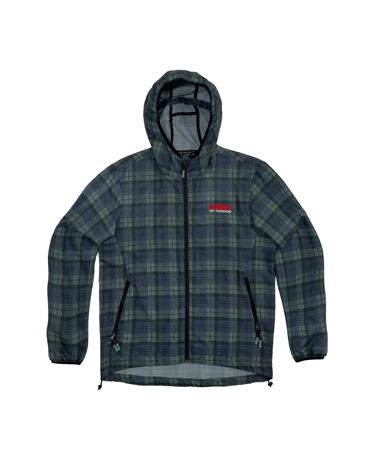 Blue and green plaid zip jacket with an embroidered red logo on the chest and an attached hood.