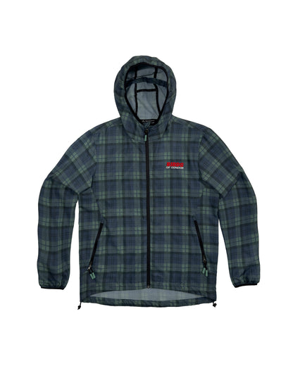 Blue and green plaid zip jacket with an embroidered red logo on the chest and an attached hood.