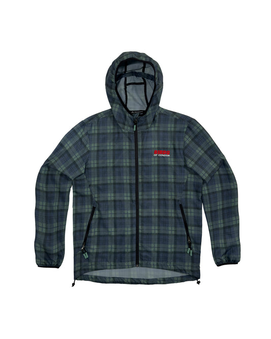 Blue and green plaid zip jacket with an embroidered red logo on the chest and an attached hood.