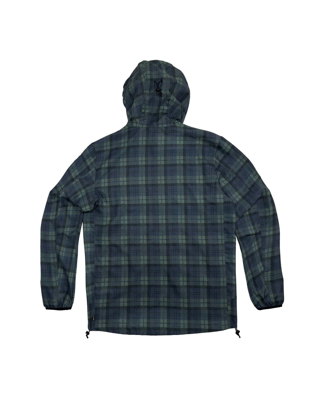 Back of a blue and green plaid jacket with a hooded collar and elasticated cuffs.
