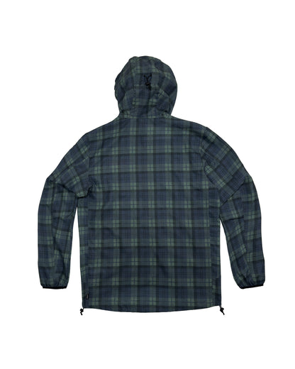 Back of a blue and green plaid jacket with a hooded collar and elasticated cuffs.