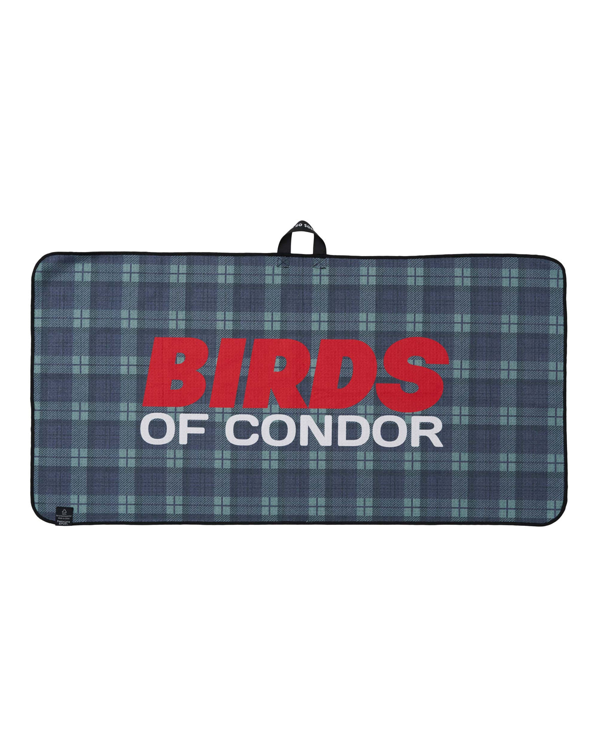 A green and blue plaid golf towel featuring large red and white printed text reading BIRDS OF CONDOR.
