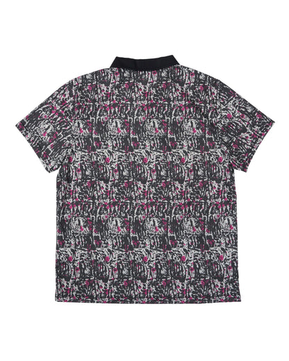 Back of a black polo shirt featuring an all-over printed graphic of golf swing silhouettes and pink highlights.