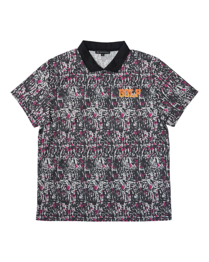 Motleyblack polo shirt featuring an all-over golf swing print and a gradient GOLF chest logo.