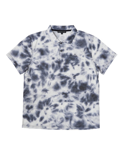 Black tie-dye polo shirt featuring a spread collar, two-button placket, and a triple eagle print.