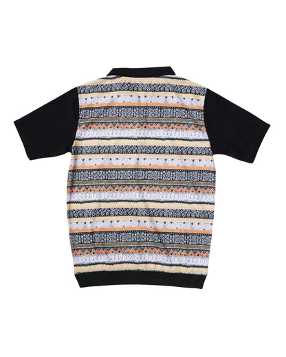 Back of a black and multi-coloured patterned polo shirt with short sleeves and a knit print design.